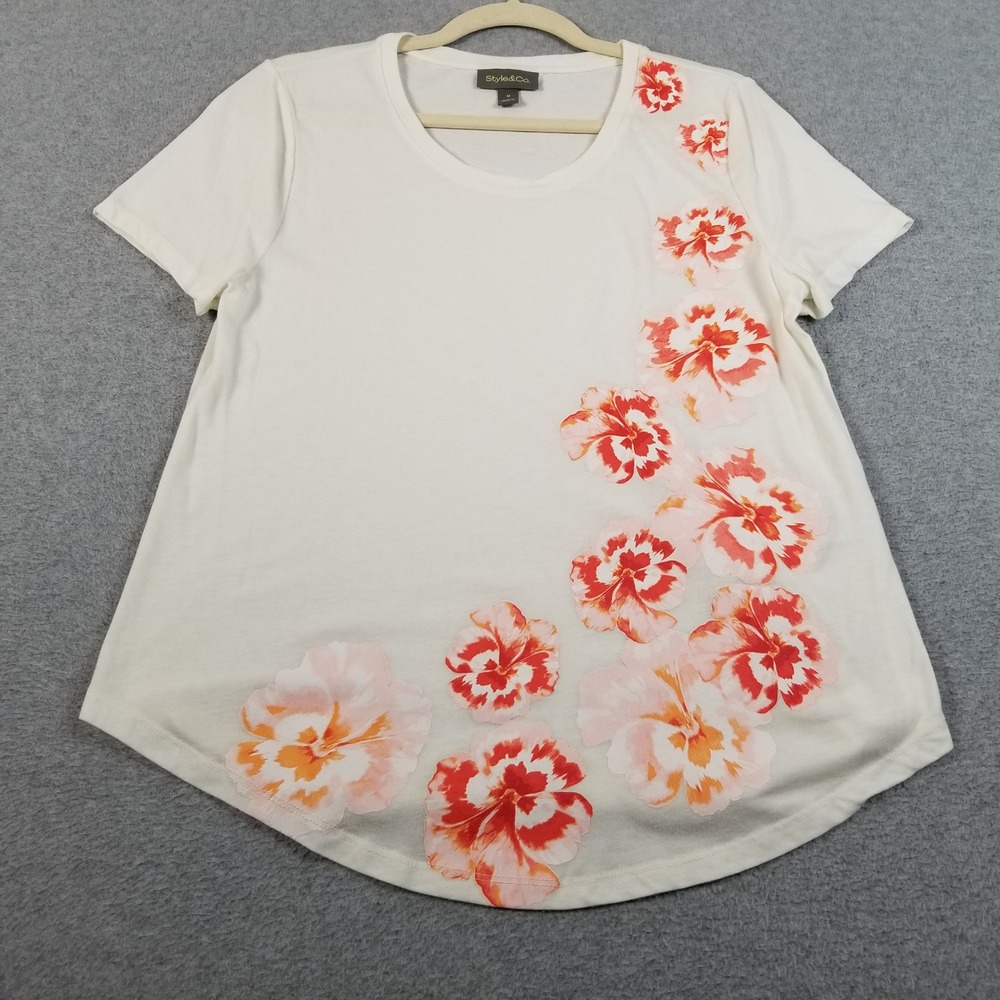 Style&Co T-Shirt Women M Medium White Orange Pink Floral Short Sleeve Spring Tee